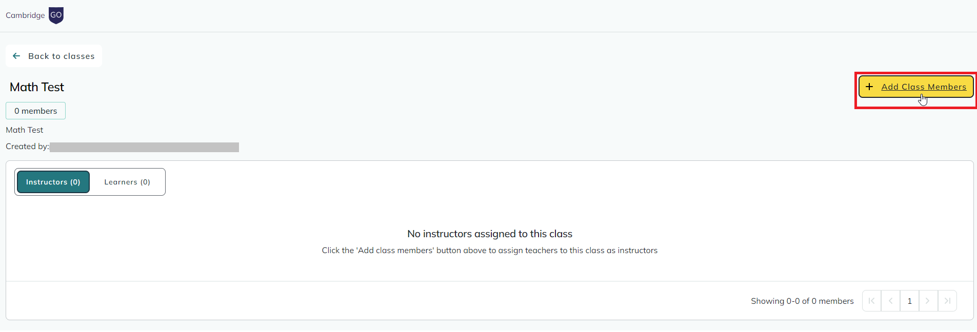screenshot of manage classes, Add member button highlighted
