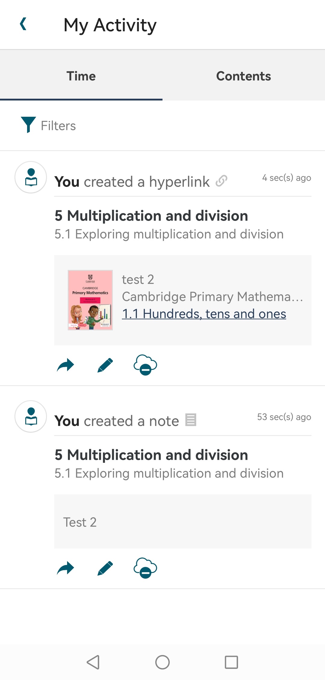 Cambridge Reader App My Activity screen