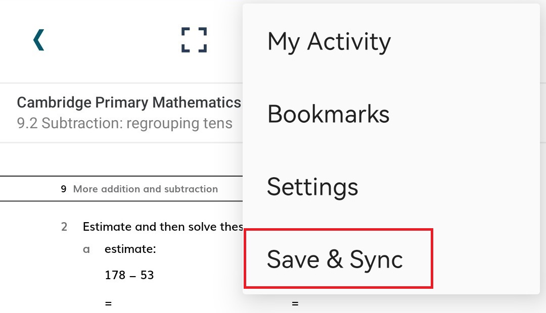 Cambridge Reader App Save & Sync button