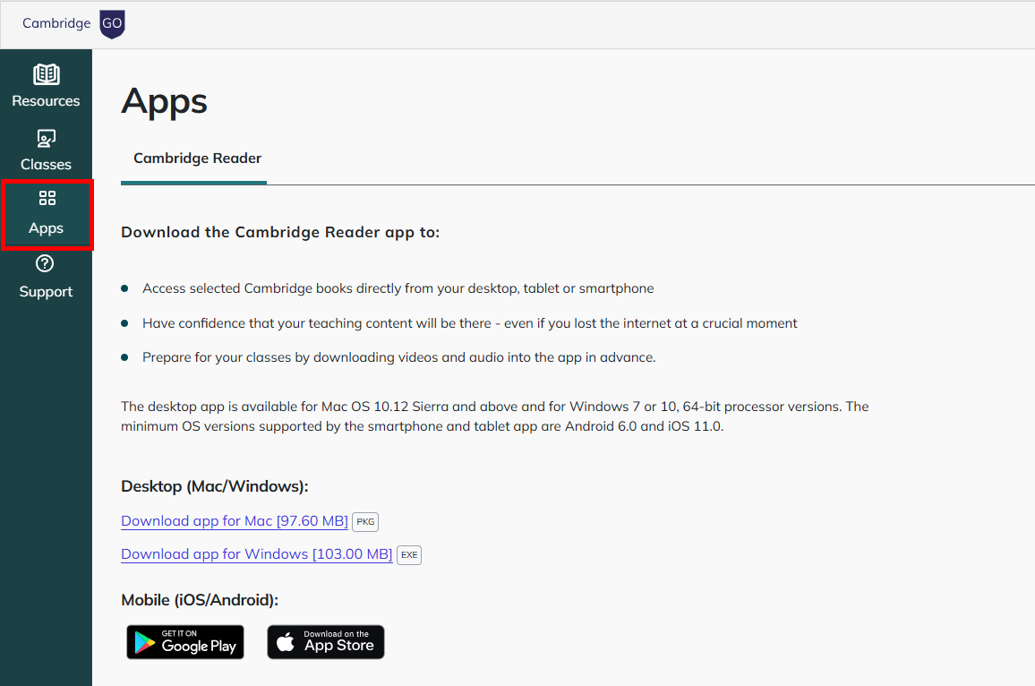 App Screen within Cambridge GO