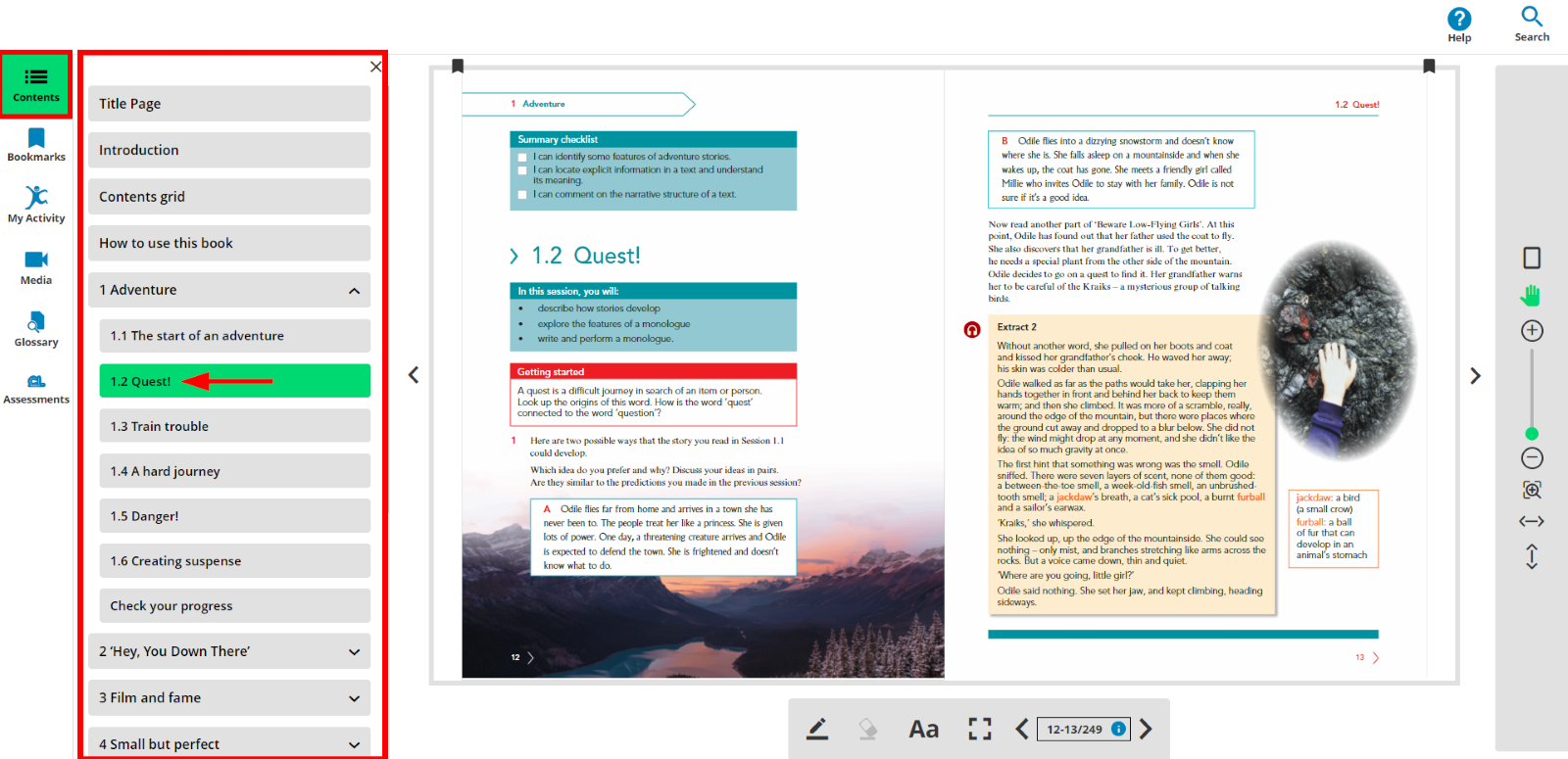 image of e-reader showing contents menu