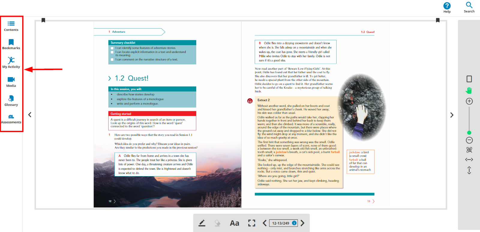 Image showing right hand toolbar of E-reader