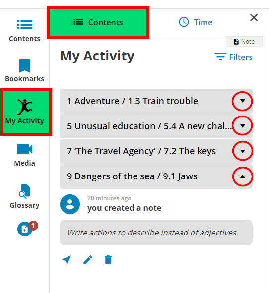image highlighting different parts of the contents menu including my activity tab