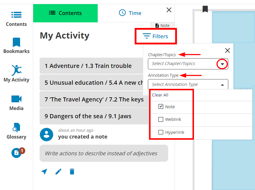 image showing filter options of activities