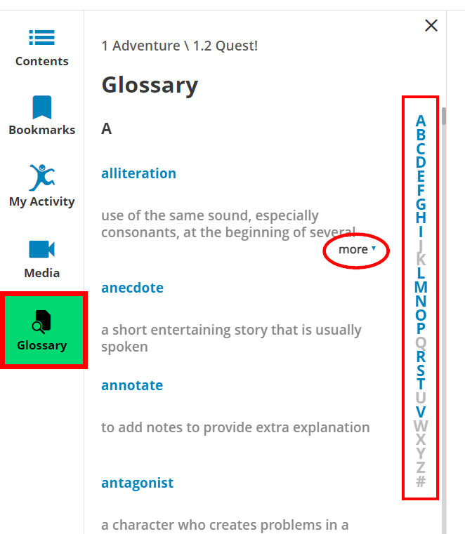 screenshot of glossary