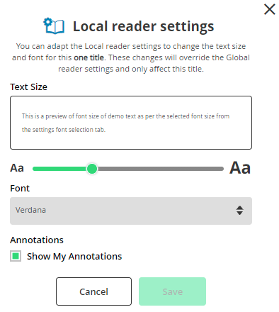screenshot of local reader settings