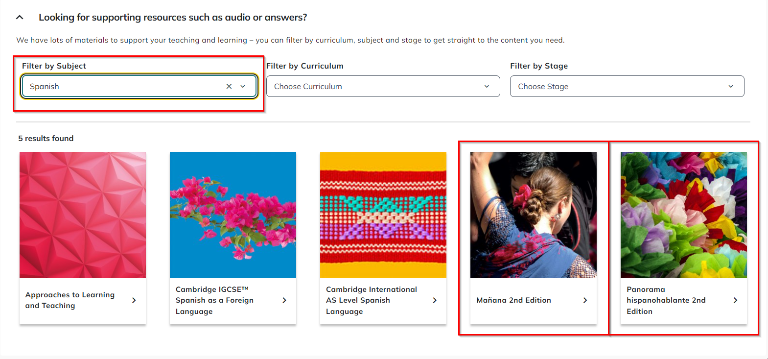 screenshot highlighting spanish resources