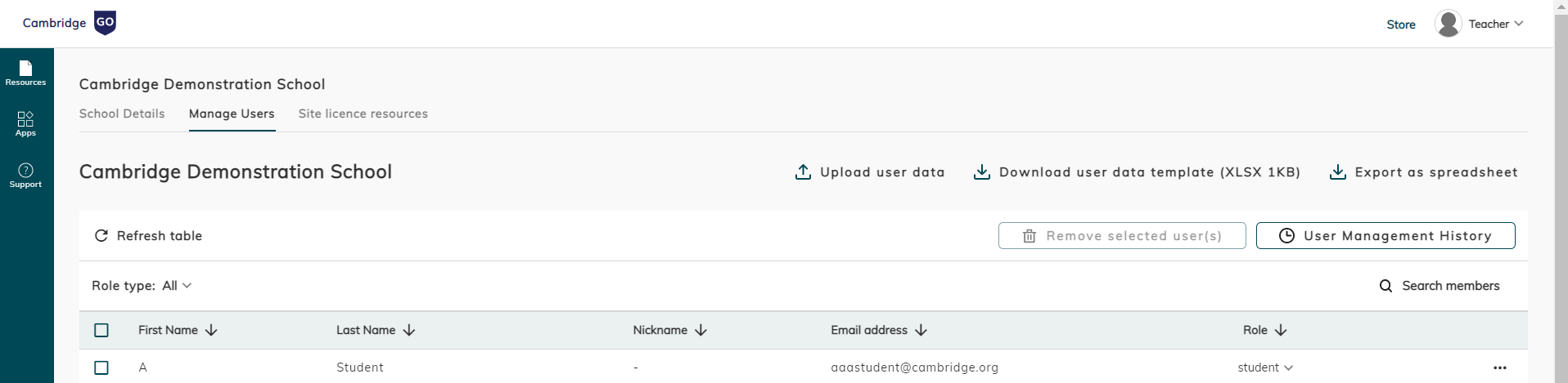 screenshot of manage users section