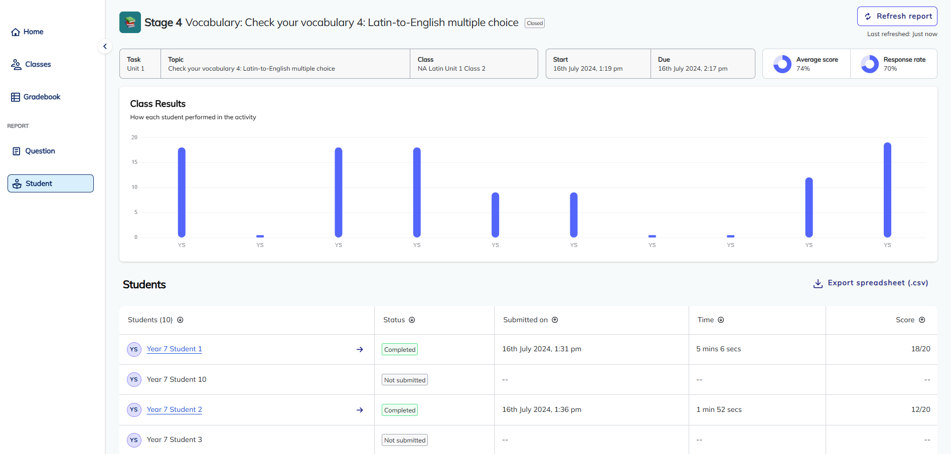 screenshot of student report page