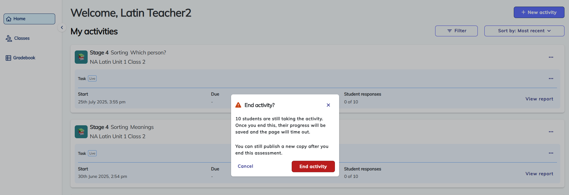 screenshot Language activities end activity warning