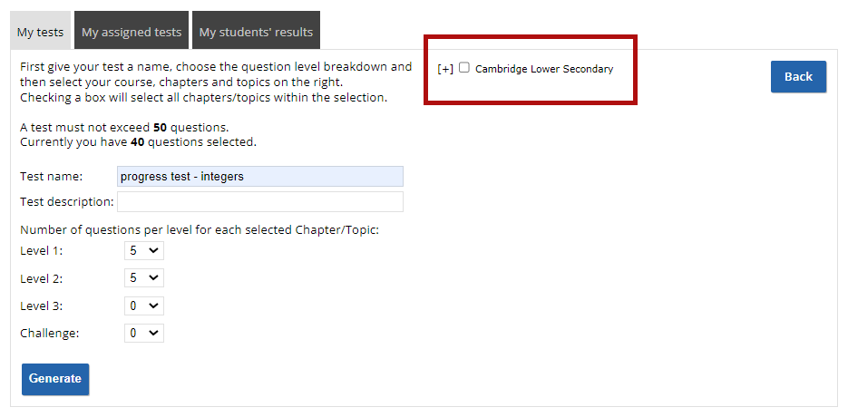 screenshot of test select course