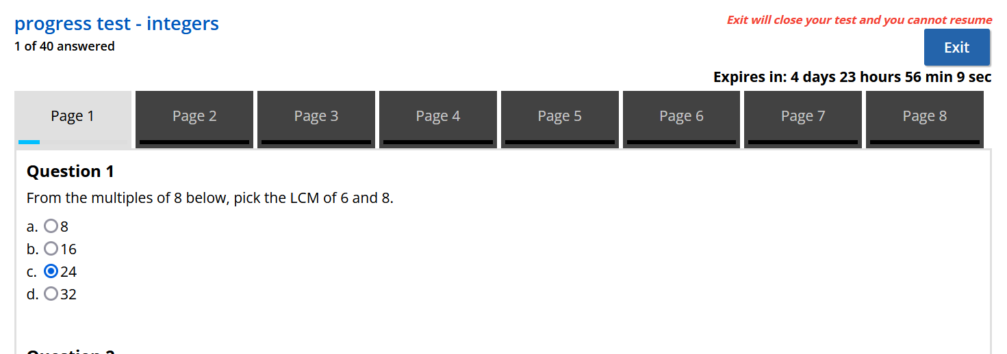 screenshot of test student view 
