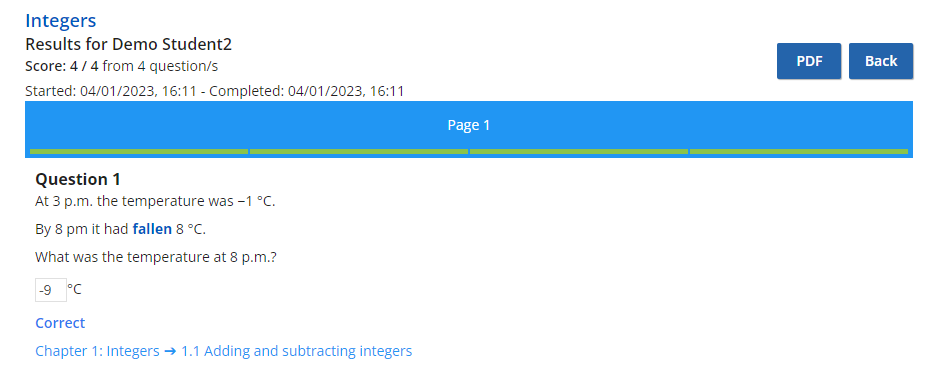 Screenshot of detailed test results