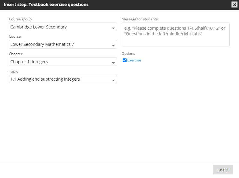 screenshot showing how to course, chapter, and topic for the exercise