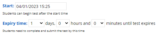 Screenshot showing test assign start date and time
