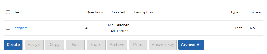 Screenshot newly created test