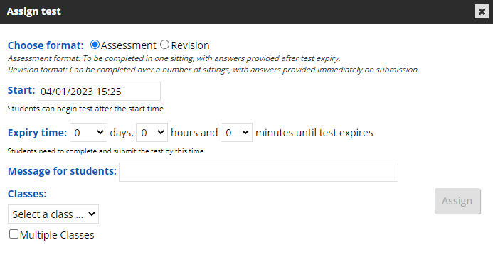 Screenshot assign test dialogue