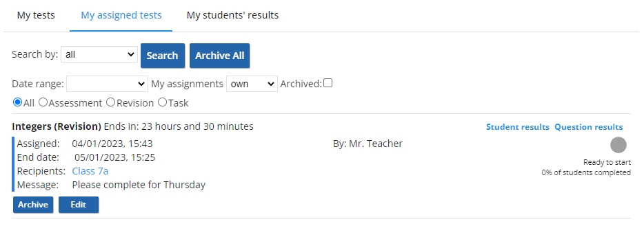 Screenshot of my assigned tests