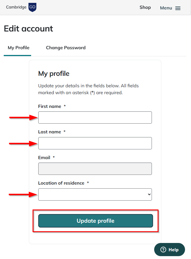 screenshot pointing to first name, last name and country of residence as these are editable from the my profile section