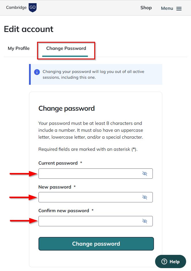 Screenshot highlighting the Change password tab and the information required to change password which is the current password, the new password and confirming the new password