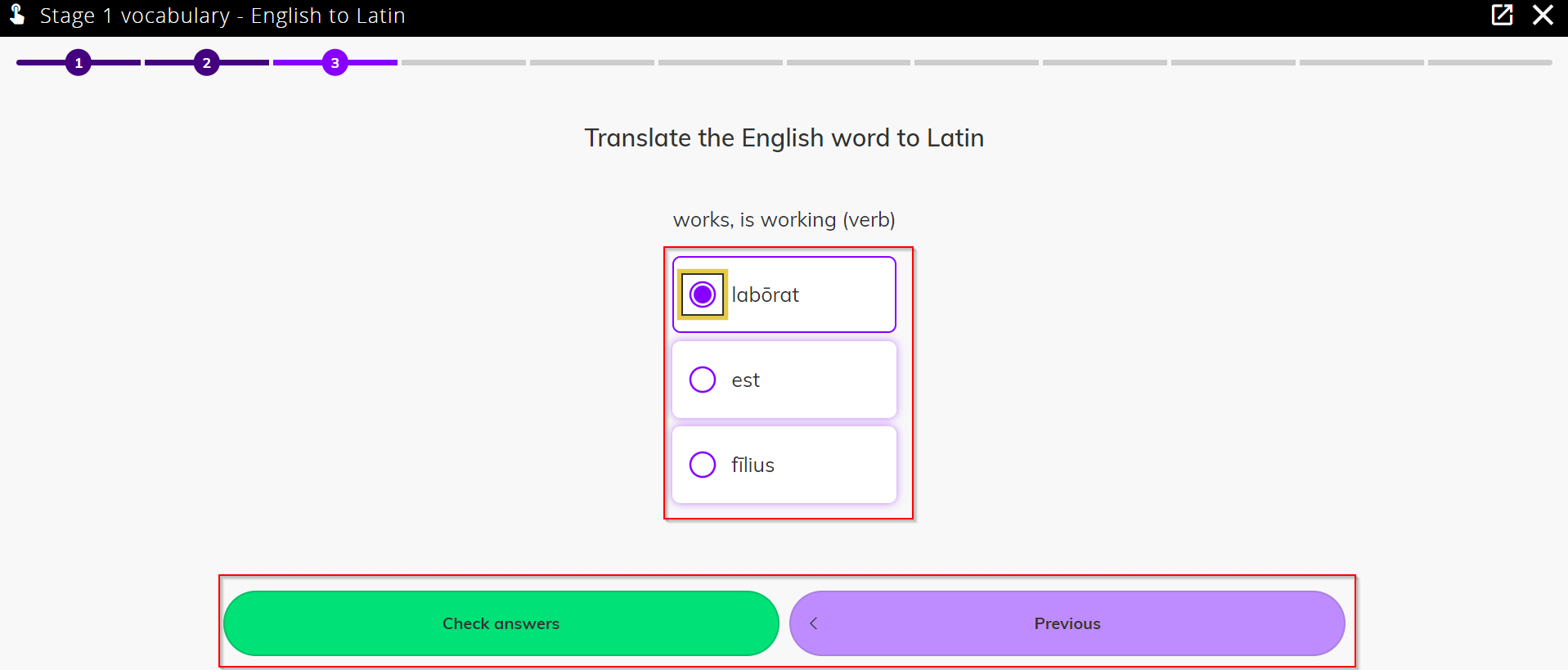 image of Vocabulary practice questions with an answer chosen