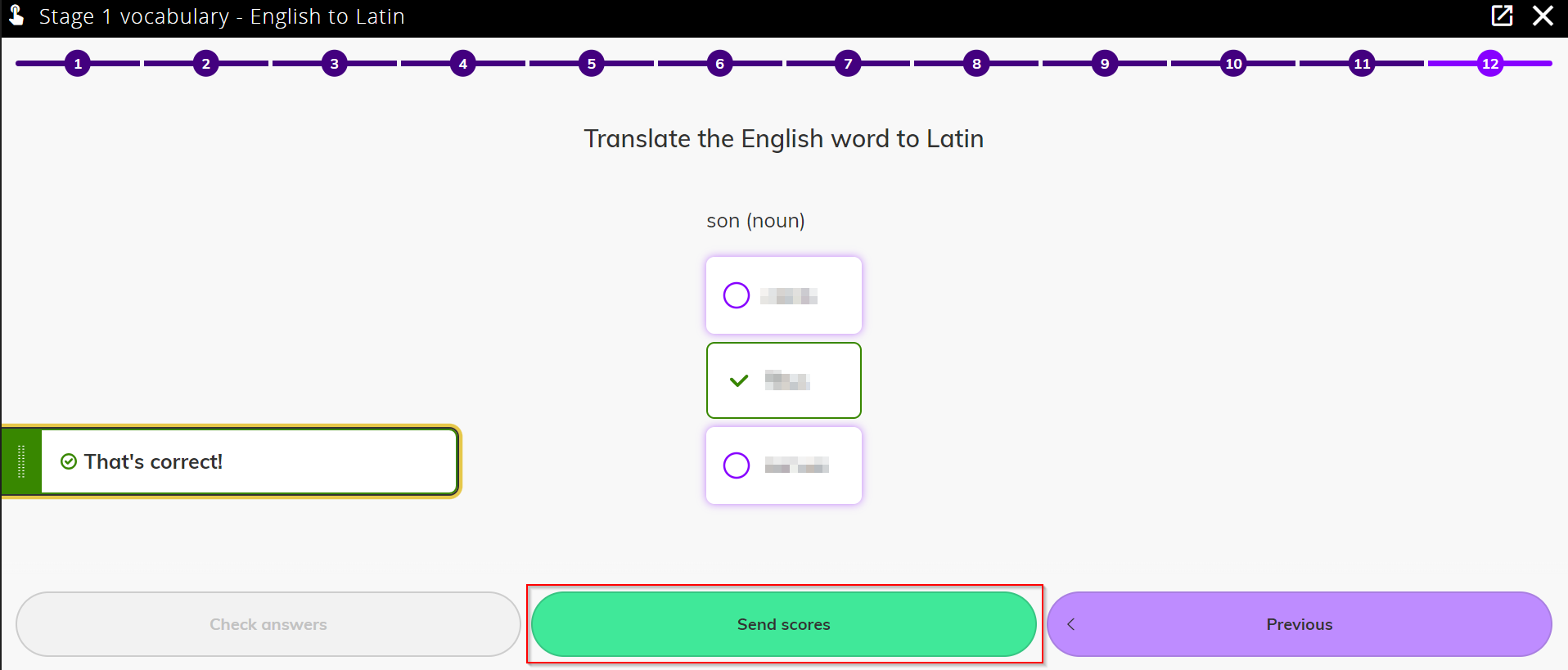 image of Vocabulary practice questions with Send Scores button highlighted