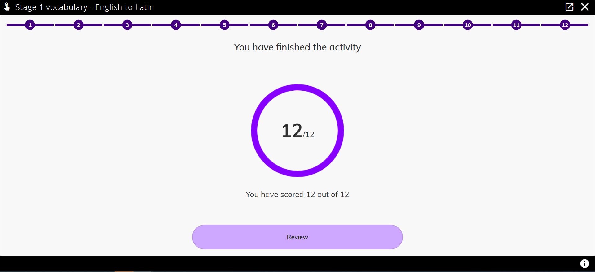 Image of completed vocabulary quiz displaying results