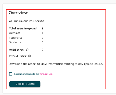 Screenshot showing overview of bulk upload verification detailing valid and invalid users