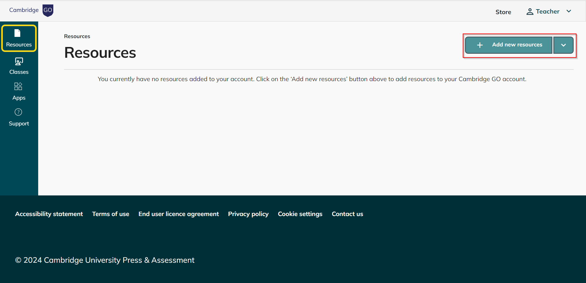 image of Blank Resource Screen with add new resource button circled