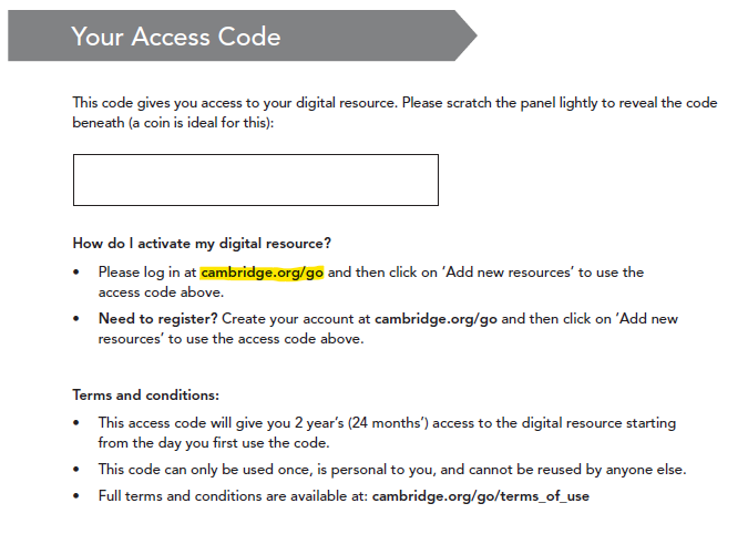 image of Access code print in book