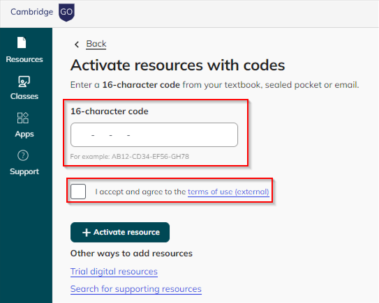 image of Code Activation Screen with code entry and terms acceptance box circled