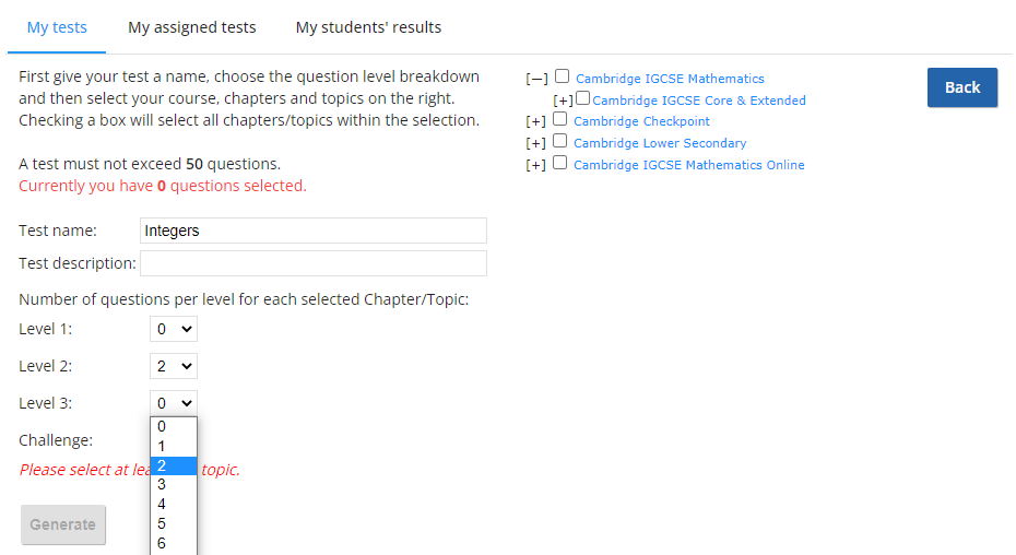 Screenshot of test creation wizard