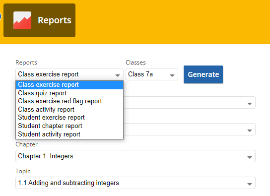 screenshot of report options