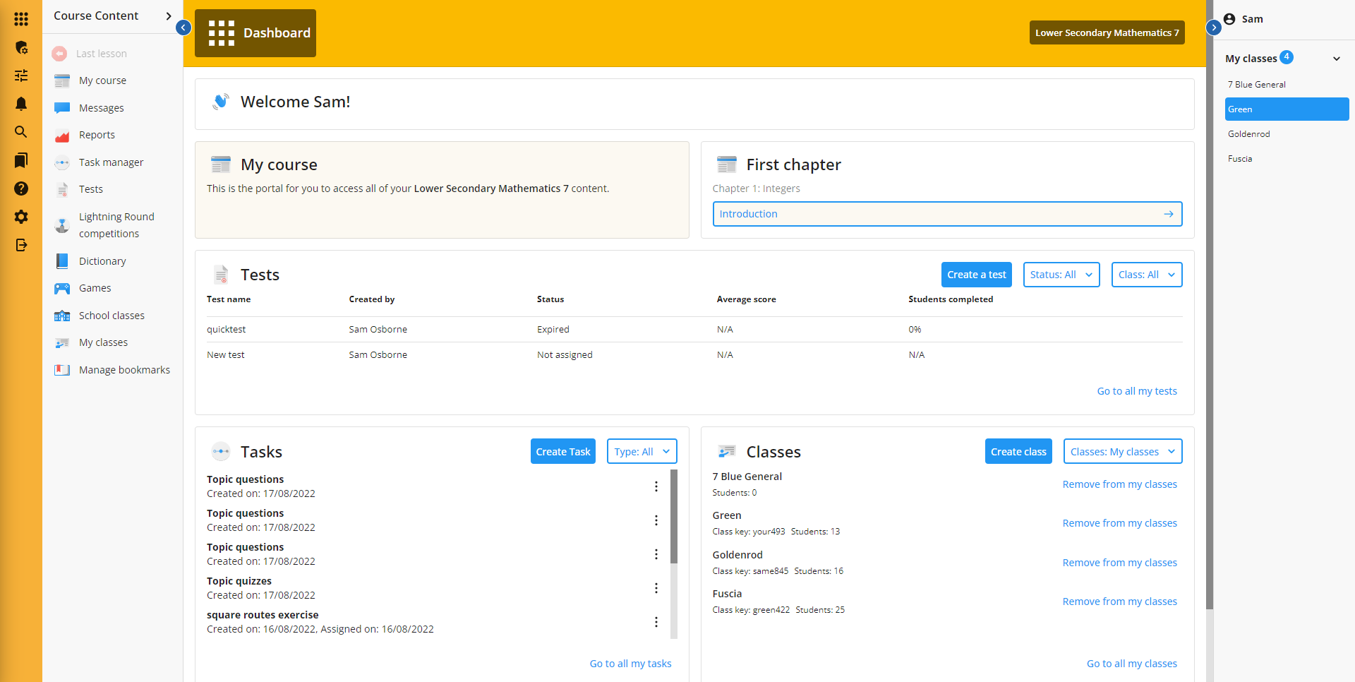 screenshot of teacher dashboard