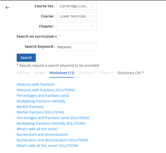 screenshot of search results