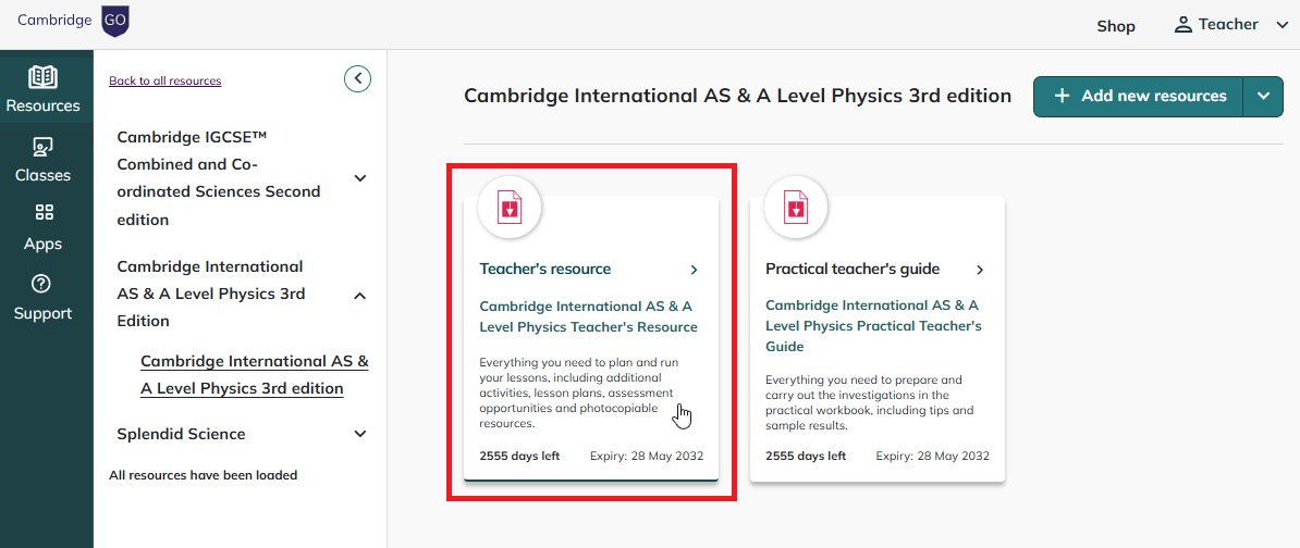 Screenshot inside title showing teachers resource