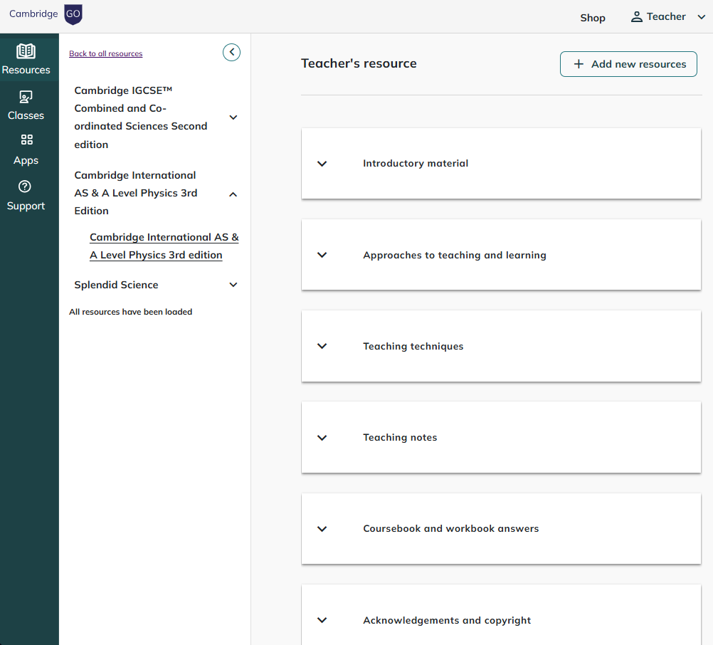Screenshot of Teachers resource