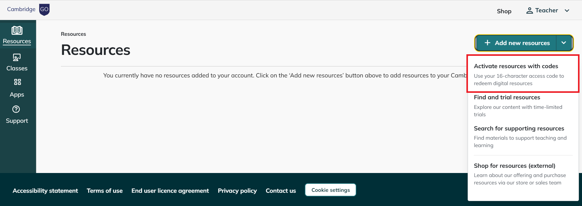 screenshot of resources screen with add new resources using a code circled