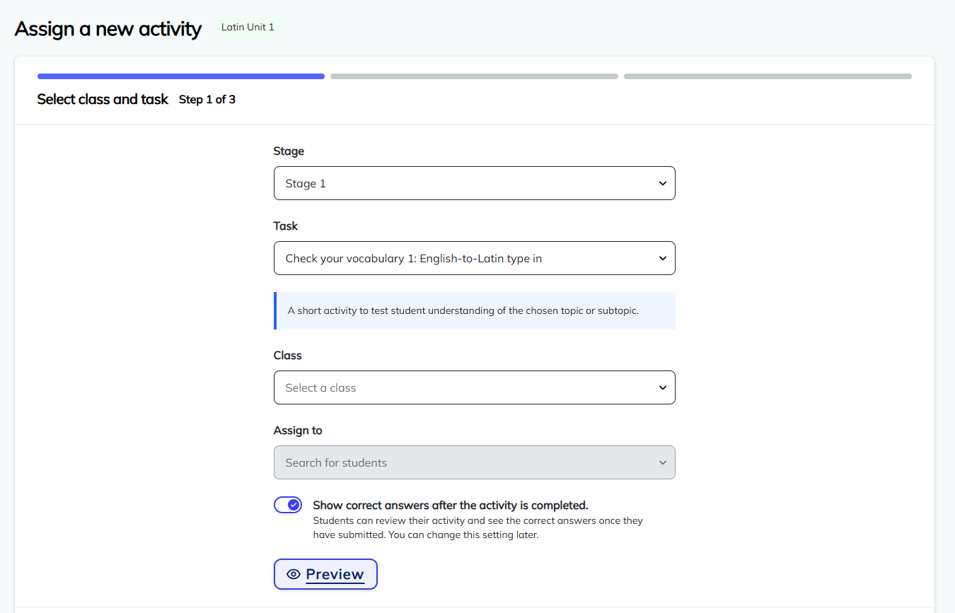Screenshot of assign new activity screen