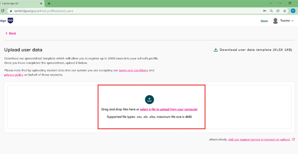 screenshot showing where to upload the completed bulk upload spreadsheet