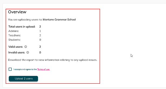 Screenshot showing overview of bulk upload verification detailing valid and invalid users