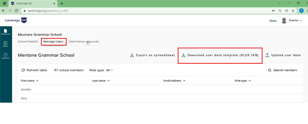 screenshot showing download spreadsheet link and manage users tab