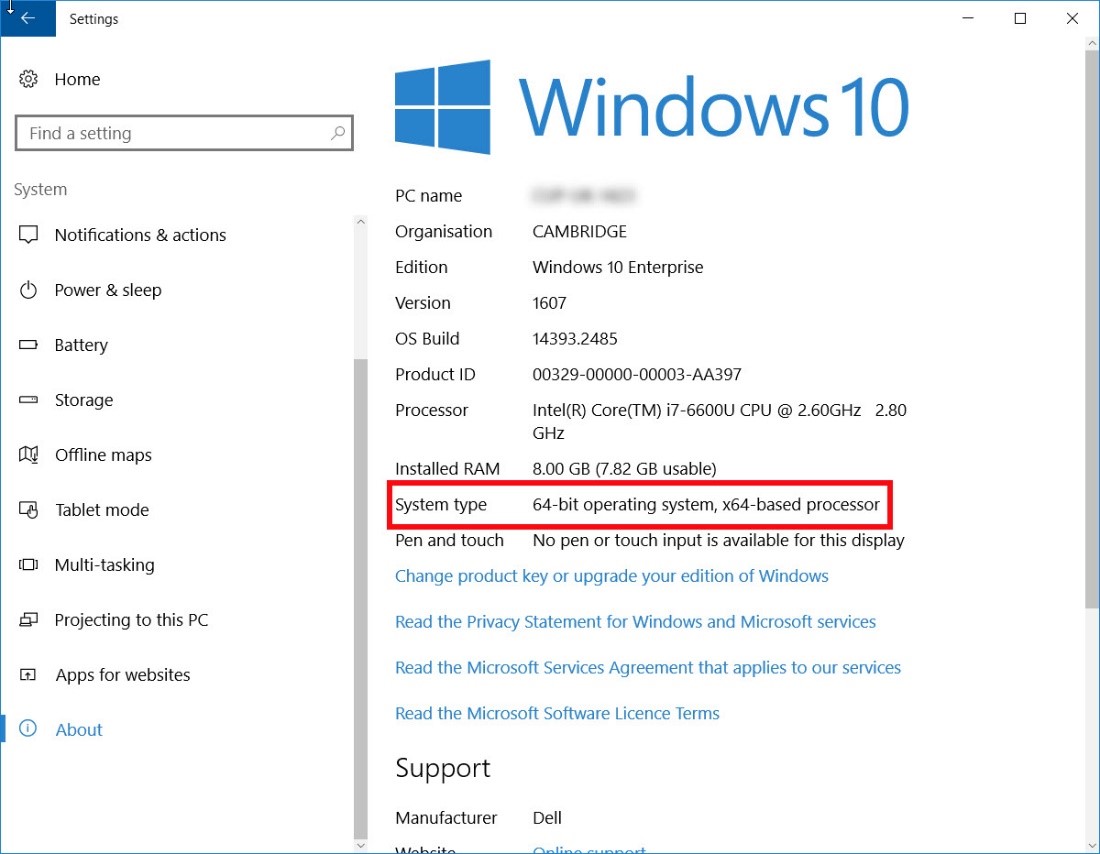 Image of windows 10 system settings