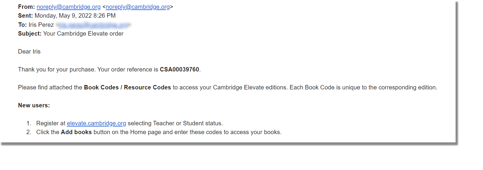 image of Code activation instruction E-Mail