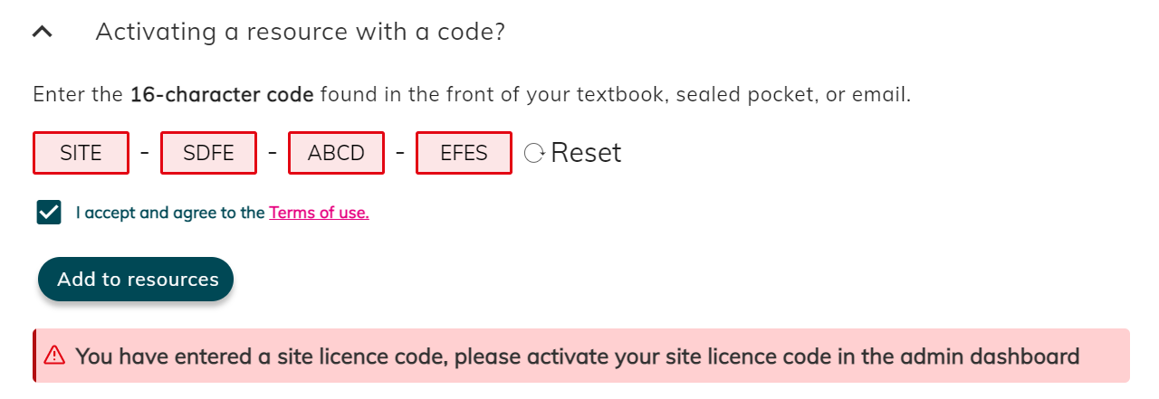 Site Licence activation error in individual code activation area