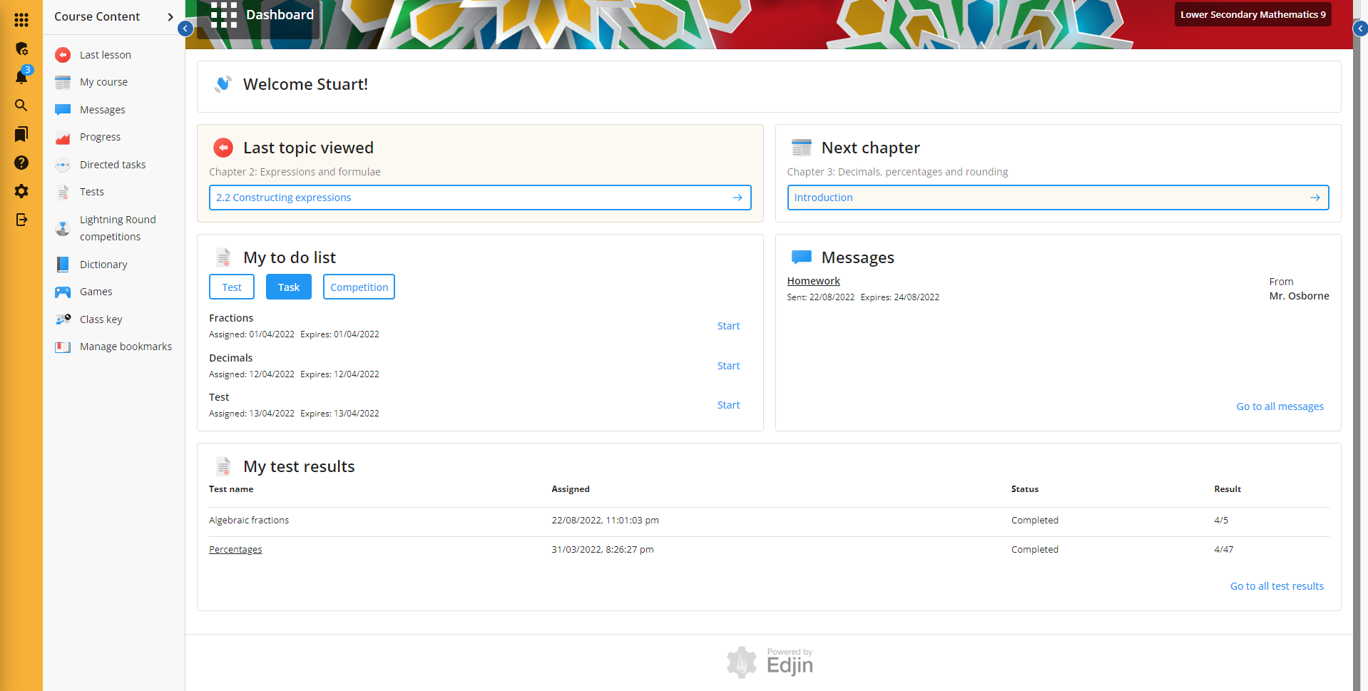 screenshot of student dashboard