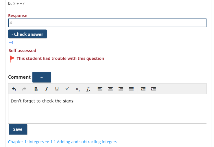 screenshot of teacher feedback
