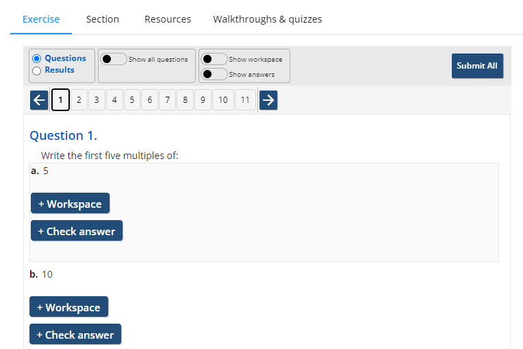 screenshot of exercises