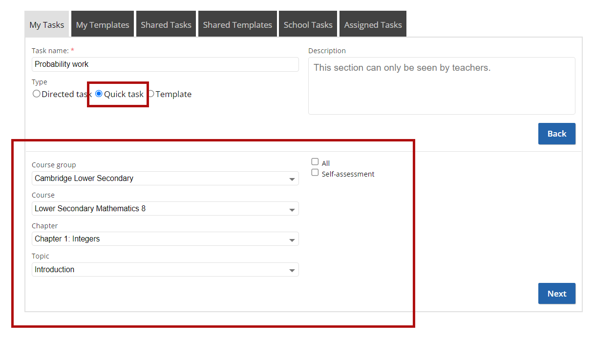 screenshot of quick task