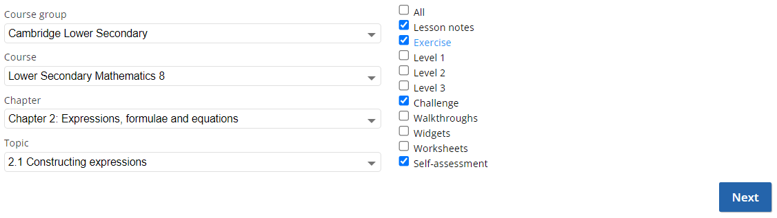 screenshot of quick task select